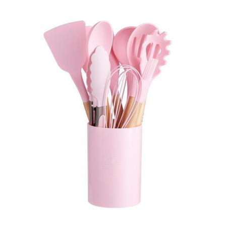 Kit C/12 Utensílios De Cozinha Silicone Cabo Madeira - Moon'S Imagem de Kit C/12 Utensílios De Cozinha Silicone Cabo Madeira