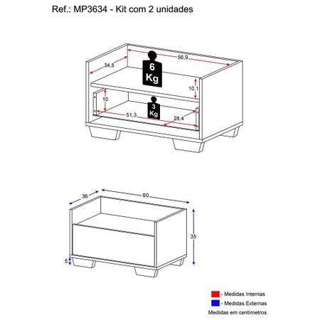 Imagem de Kit c/ 2 Mesas de Cabeceira 60 cm c/ Pés Quadrados Multimóveis Branca/Preta