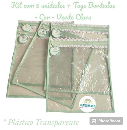 Imagem de Kit c/ 5 Saquinhos Para Bolsa de Maternidade - em Plástico Cristal com Zíper e Viés + TAGS BORDADAS