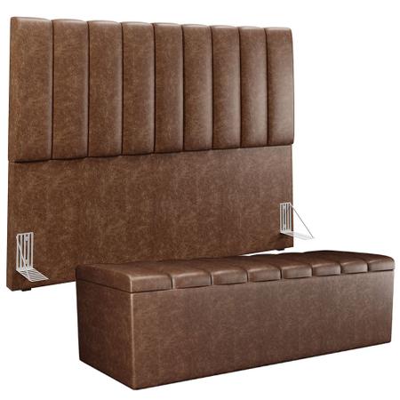 Imagem de Kit Cabeceira Cama Box Casal King 195cm com Calçadeira Baú Dália W01 material sintético Marrom - Lyam