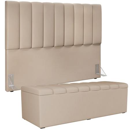 Imagem de Kit Cabeceira Cama Box Casal King 195cm com Calçadeira Baú Dália W01 Suede Bege - Lyam