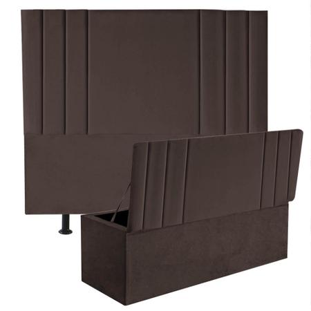 Imagem de Kit Cabeceira Estofada e Calçadeira Baú Recamier Grécia 195cm King Size Suede Marrom - Ahazzo Móveis