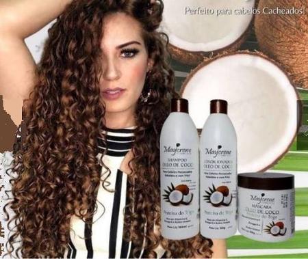 Imagem de Kit Cabelos Cacheados Óleo Coco Naturiun Maycrene Shampoo Condicionador e Máscara (500 ml cada)