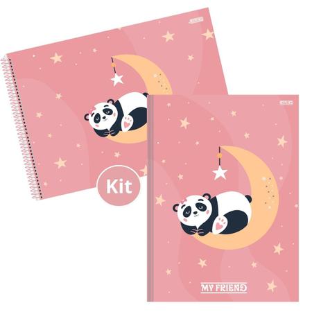 Kit Caderno Urso Panda Brochura 80 Folhas e Desenho 60 Folhas Capa