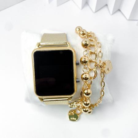 Imagem de Kit caixa relógio dourado metal led digital quadrado e pulseira feminina fashion