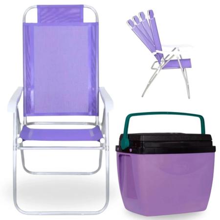 Kit Caixa Termica Roxa Cooler 26 L + Cadeira de Praia Lilas Prosa 4 Posicoes Imagem de Kit Caixa Termica Roxa Cooler 26 L + Cadeira de Praia Lilas Prosa 4 Posicoes