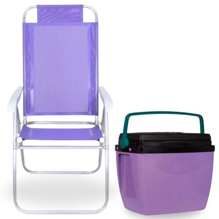 Kit Caixa Termica Roxa Cooler 26 L + Cadeira de Praia Lilas Prosa 4 Posicoes Imagem de Kit Caixa Termica Roxa Cooler 26 L + Cadeira de Praia Lilas Prosa 4 Posicoes