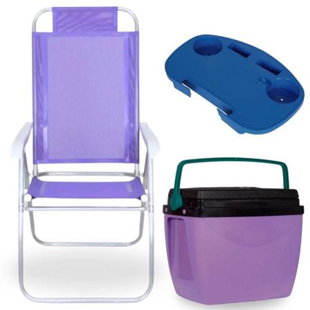 Kit Caixa Termica Roxa Cooler 26 L + Mesa Porta Copos + Cadeira de Praia 4 Posicoes Imagem de Kit Caixa Termica Roxa Cooler 26 L + Mesa Porta Copos + Cadeira de Praia 4 Posicoes