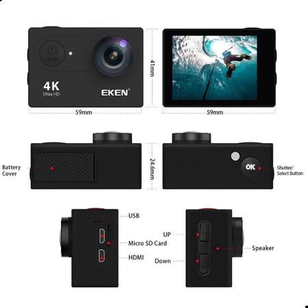 Imagem de Kit Câmera Filmadora Eken H9R 4K Wi-Fi + Bateria Extra Estabilizador de Imagem EIS Controle Remoto Sport