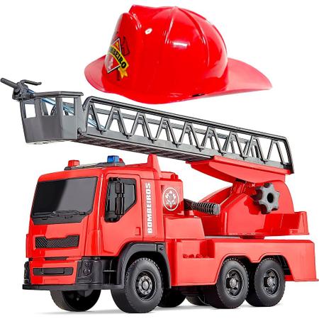 Caminhão de bombeiros de brinquedo vermelho com mangueira esguicha água e  escada caminhão de água 