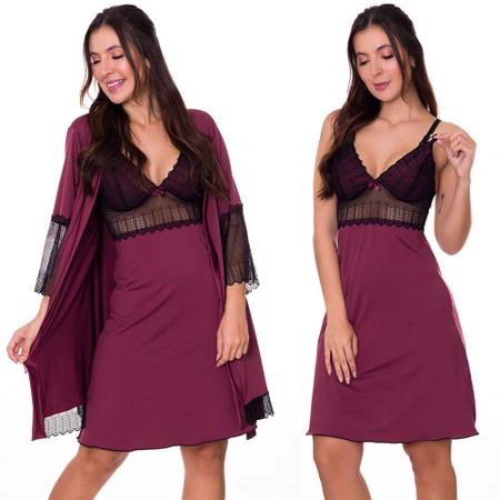 Imagem de KIT Camisola Amamentação com Robe Vinho com Preto + Baby Doll Gestante Preto Moda de Baixo - V139