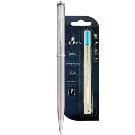 Imagem de Kit Caneta Luxo Crown Metal Sigma Chrome Esferográfica YW10069-S Prata + Carga Extra Azul