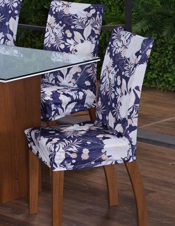 Imagem de Kit Capa de Cadeira 4 Peças Sala de Jantar Protege o Estofado Renova o Visual Malha Gel Estampa 6 Floral Azul Marinho