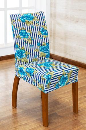 Imagem de Kit Capa de Cadeira 4 Peças Sala de Jantar Protege o Estofado Renova o Visual Malha Gel Mista 3 Floral Azul
