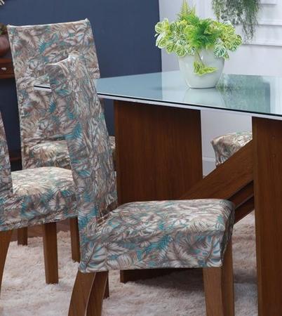 Imagem de Kit Capa de Cadeira 6 Peças Sala de Jantar Protege o Estofado Renova o Visual Malha Gel Estampa 9 Floral Azul e Bege