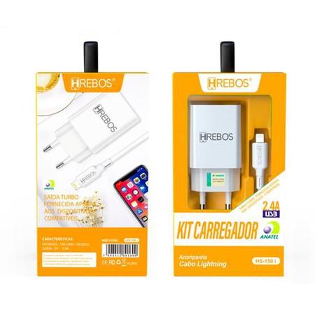 Imagem de Kit Carregador de Celular Turbo 2.4A Com Cabo Compatível com IPhone HREBOS HS-150 i