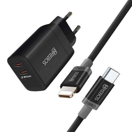 Imagem de Kit Carregador Turbo Fonte 30W Hrebos 2 USB-C compatível Ip + Cabo Lightning Preto