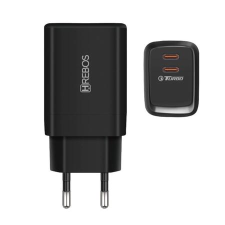 Imagem de Kit Carregador Turbo Fonte 30W Hrebos 2 USB-C compatível Ip + Cabo Lightning Preto