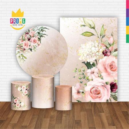 Imagem de Kit Casado Floral Painel Redondo Trio Capas Cilindro