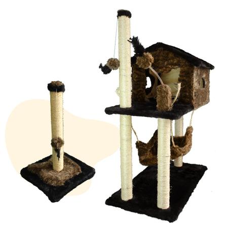 Imagem de Kit Casinha Para Gato Com Rede Poste Arranhador Brinquedo Pets Felino 50cm Sisal MIUPET