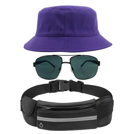 Imagem de Kit Chapéu Bucket Hat, Pochete Ajustável Impermeável Saída Fone E Óculos de Sol Piloto Quadrado Armação de Metal MD-22