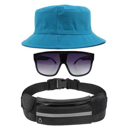 Imagem de Kit Chapéu Bucket Hat, Pochete Ajustável Saída Fone E Óculos de Sol Quadrado Armação Transparente Com Proteção MD-31