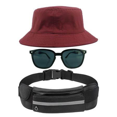 Imagem de Kit Chapéu Bucket Hat, Pochete Impermeável Saída Fone E Óculos de Sol Retangular Feminino E Masculino Clubmaster MD-39