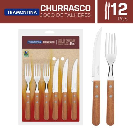 Kit Jogo Churrasco 12 Talheres Garfo Faca Inox Tramontina