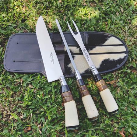 Imagem de Kit Churrasco Faca Artesanal 9'' Garfo Para Churrasco Chaira Estriada com Bainha de Couro