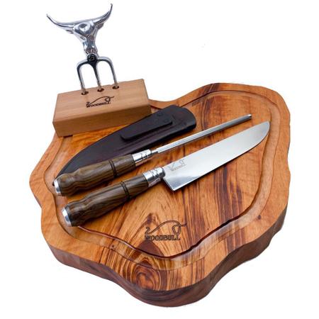 Imagem de Kit churrasco origens - tábua de corte rústica + faca e chaira aço inox 8"  e garfo tridente kittacd0006