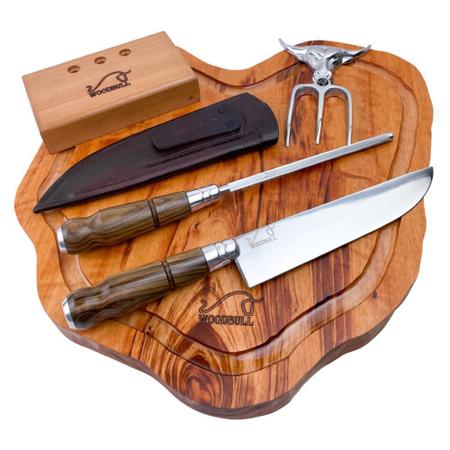 Imagem de Kit churrasco origens - tábua de corte rústica + faca e chaira aço inox 8"  e garfo tridente kittacd0006