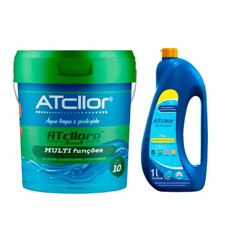 Imagem de Kit Cloro Atclloro 3 Em 1 Multifunção 10Kg e Floculante Clorificante Atcllor Limper Floc 1L