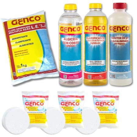 Imagem de Kit Cloro Granulado 1kg + Clarificante + Algicida + Redutor de Ph e Alcalinidade e Pastilhas  Genco 