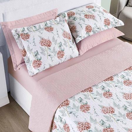 Imagem de Kit Cobre Leito Colcha Maggy Queen 3 Peças Dupla Face Percale 200 Fios - Hortencia Floral Rosa