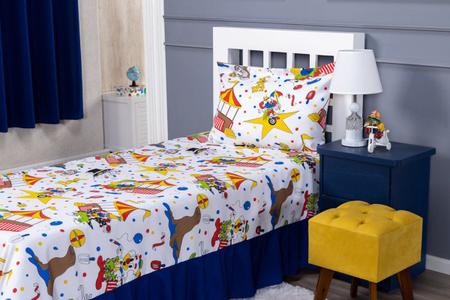 Imagem de Kit Colcha Cobre Leito com Babado Infantil Solteiro Menina 2 Peças Oxford Estampado Circo Palhaço Azul Colorido