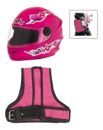 Imagem de Kit Colete Cinto Segurança Infantil Rosa P/ Moto + Capacete