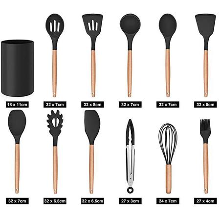 Imagem de Kit Colher De Silicone Jogo 12 Peças Com Suporte Utensílios De Cozinha Colheres Cabo Madeira