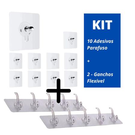 Imagem de KIt com 10 Pregos Parafuso Adesivo e 2 Cabides Com 6 Ganchos Flexivel Autoadesivo Resistente