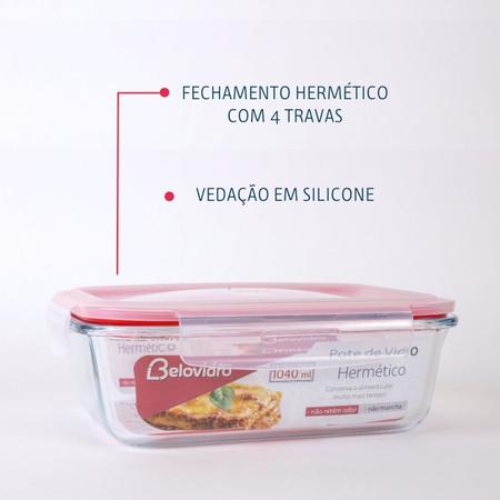 Imagem de Kit com 12 Pote Hermético de Vidro 1040ml Retangular com 4 Travas Conserva o Alimento Micro-ondas Forno Freezer Congelador Organização Cozinha