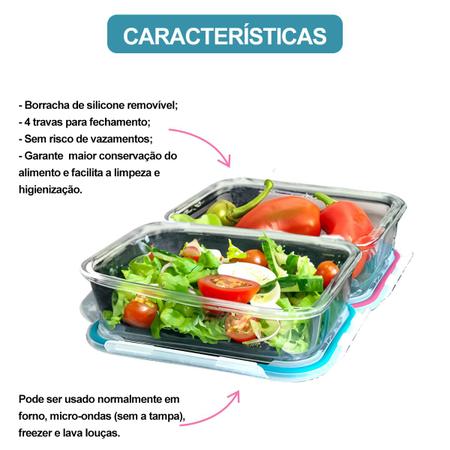 Imagem de Kit Com 12 Potes Herméticos de Vidro Marmitas Fitness Vasilhas Com Tampa Microondas Freezer 640 ml