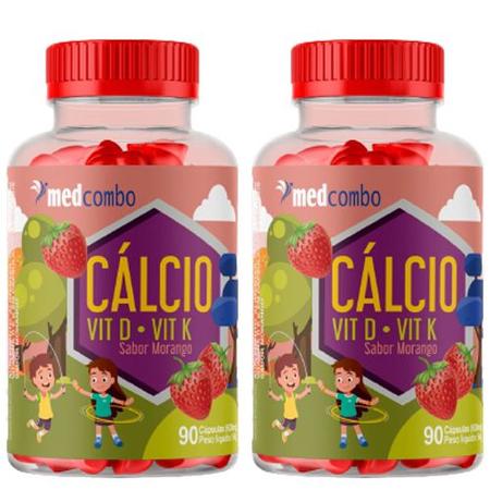 Imagem de Kit Com 2 Cálcio Infantil Suplemento Com Vitamina D e K 600mg  Capsulas Sabor Morango