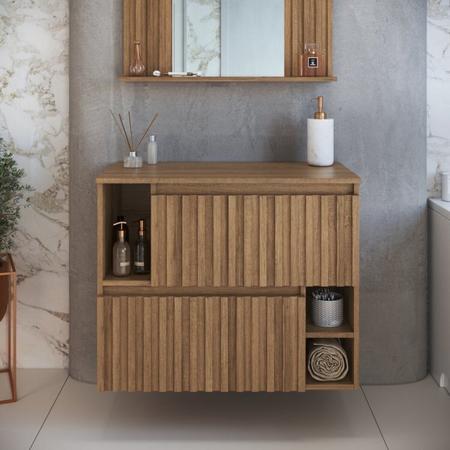 Kit com 2 Gabinetes de Banheiro Suspenso 75cm Luiza com 2 Portas Basculante sem Cuba Mel - FAEMA Imagem de Kit com 2 Gabinetes de Banheiro Suspenso 75cm Luiza com 2 Portas Basculante sem Cuba Mel