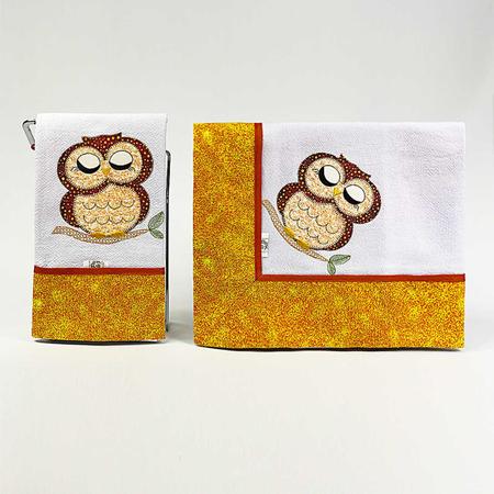 Imagem de Kit com 2 peças - Toalha de chá e pano de prato bordado patchwork Linha Corujas