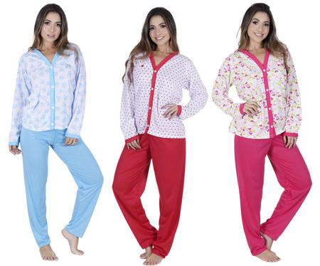 Imagem de Kit com 2 pijamas inverno liso e estampado cirurgia botão manga longa 