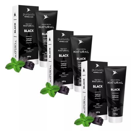 Imagem de Kit com 3 Cremes Dentais Naturais Black Carvão Ativado 120g - Puravida