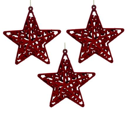 Imagem de Kit com 3 Estrelas de 5 Pontas de Natal Decorada Arabescos em Camurça Vermelho 11cm