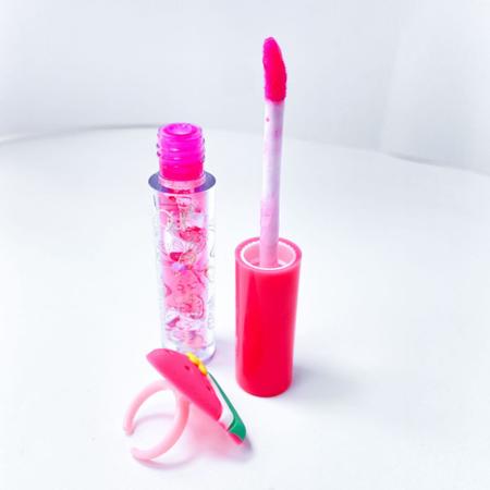 Imagem de Kit com 3 lip gloss infantil com anelzinho de frutinhas divertidas brilhoso