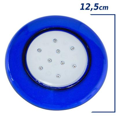 Imagem de kit com 3 Luminária de led para Piscina 18w 12v 125mm Luz azul com acabamento azul + fonte 5A ST666