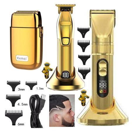 Imagem de Kit Com 3 Maquinas Cortar Cabelo Acabamento Barbeador Shaver Serie Ouro Limitada Executivo