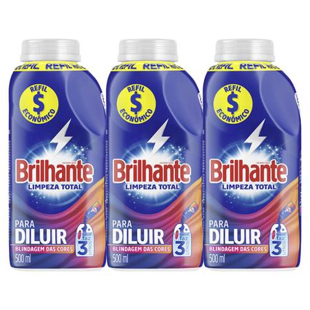 Imagem de Kit com 3 Refis Sabão Líquido Concentrado Brilhante Limpeza Total 500ml